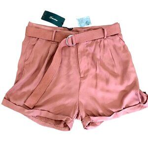 Shinestar Women's High-Waisted Belted Pink‎ Rayon Pleated Casual Shorts. Size L